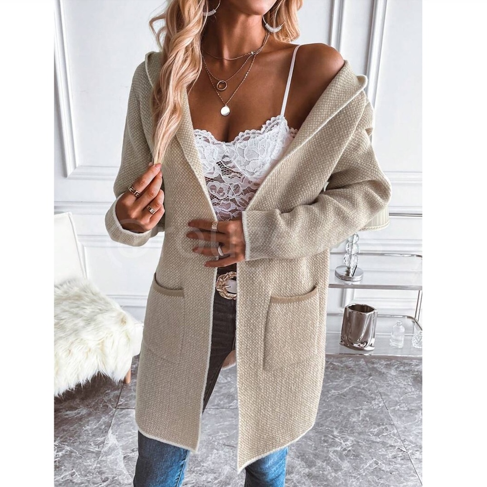 Hooded Knit Beige /Tan Open Cardigan Long Sleeves Hip Length w/ Pockets - Picture 6 of 8